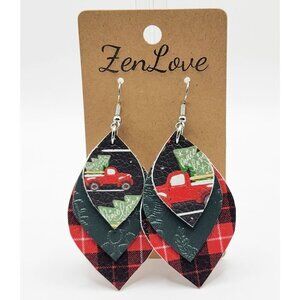 Christmas Earrings Red Truck Green Plaid Earrings Classic Teardrop